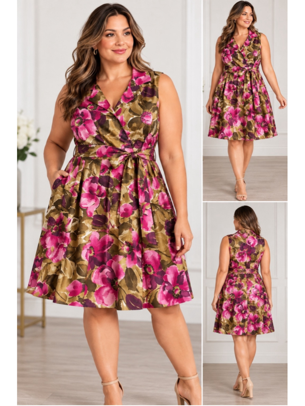Jessica Howard 20W Pink Floral Belted Fit & Flare Knee Length Dress